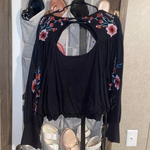 Free People Black Embroidered Keyhole top